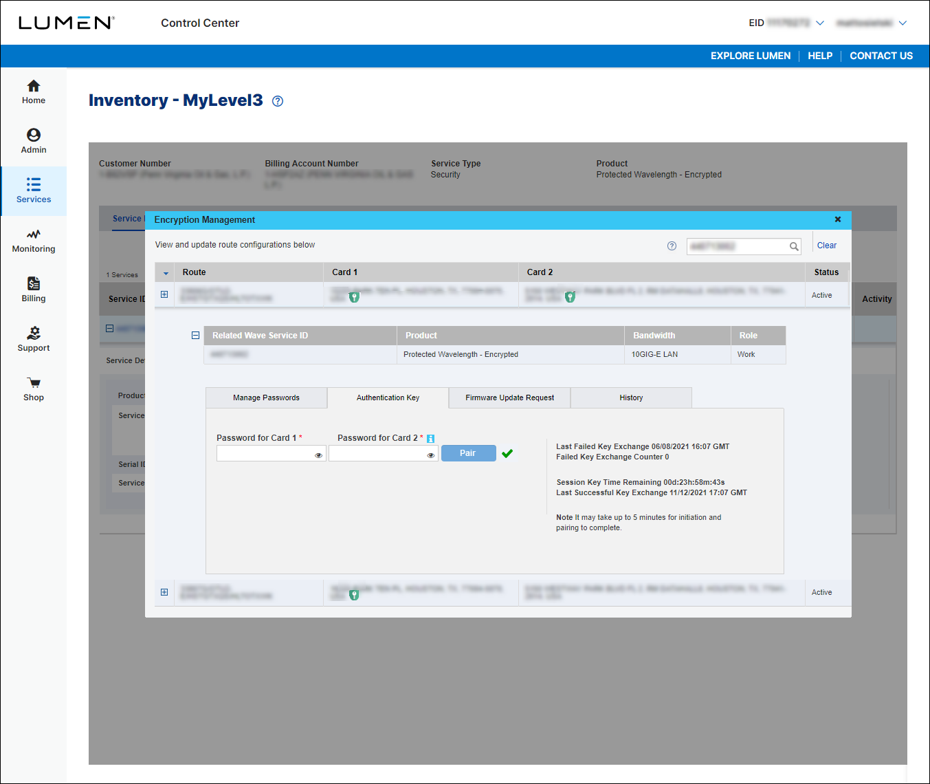 Encryption Management (showing Authentication Key tab after clicking Pair)