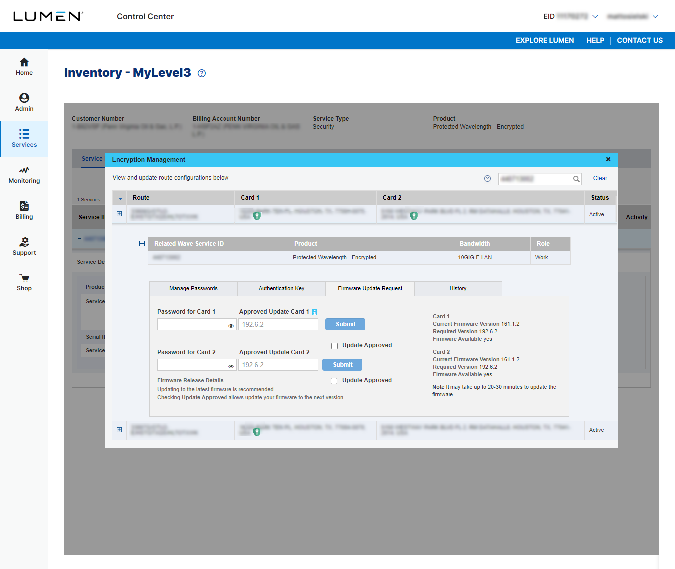 Encryption Management (showing Firmware Update Request tab)