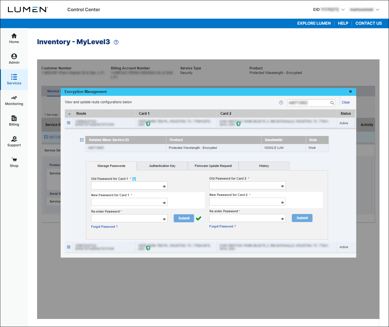 Encryption Management (showing Manage Passwords tab showing first password updated)