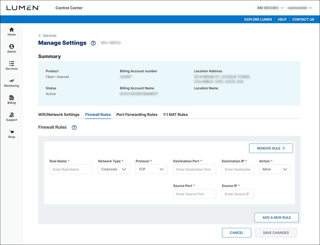 Manage Settings (showing Firewall Rules tab)