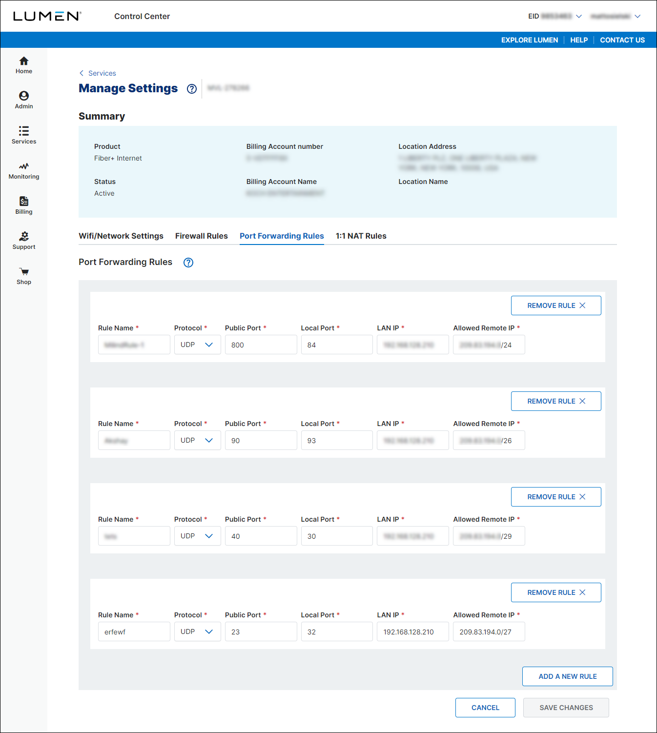 Manage Settings (showing Port Forwarding Rules tab)