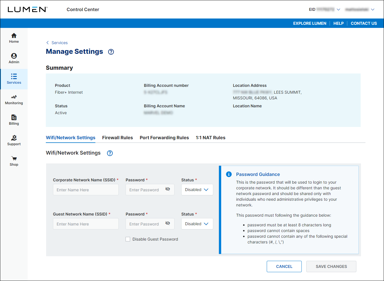 Manage Settings (showing WiFi/Network Settings tab)