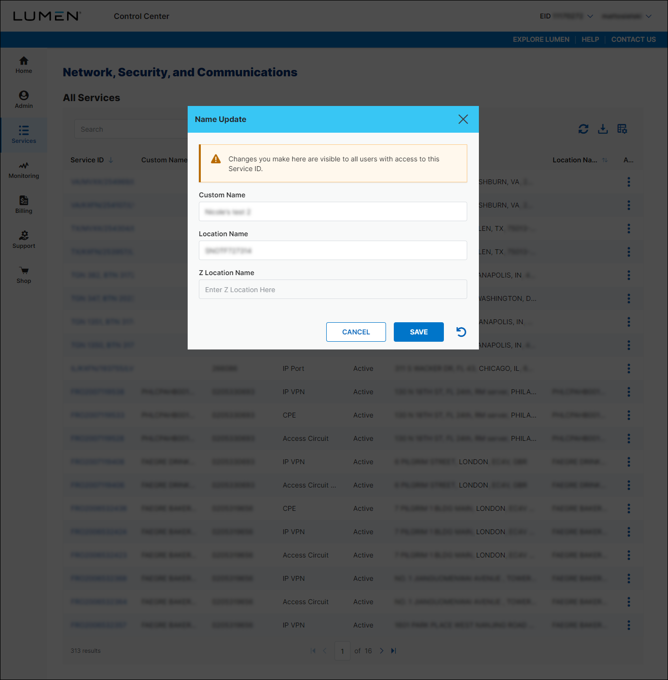 Network, Security, and Communications (showing Name Update box)