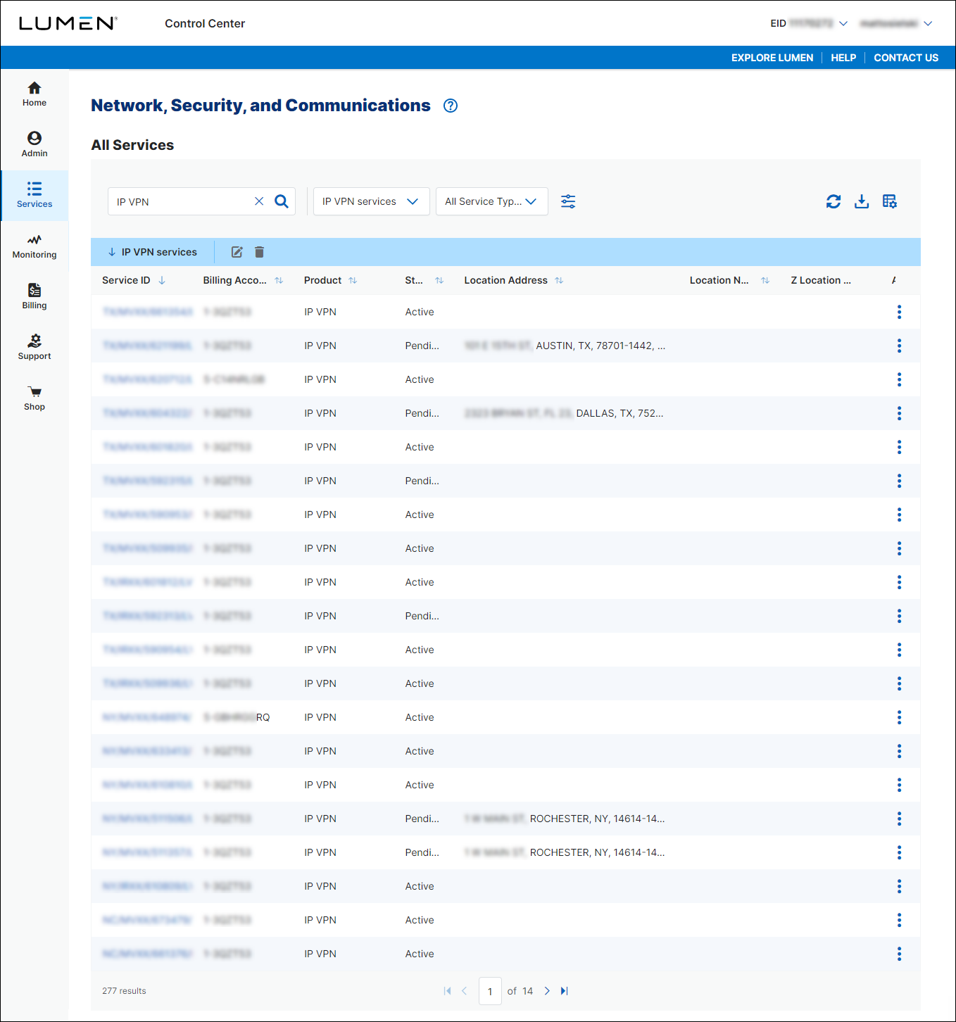 Network, Security, and Communications (showing saved view)