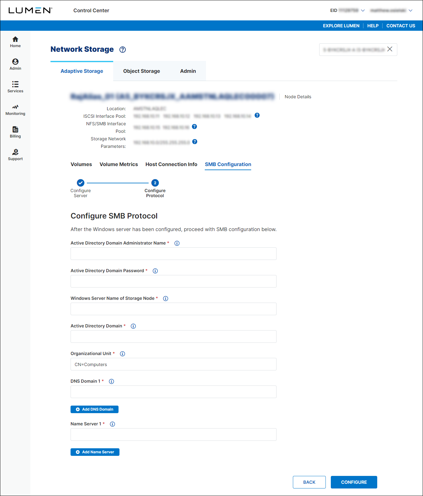 Adaptive Storage (showing SMB Configuration subtab)