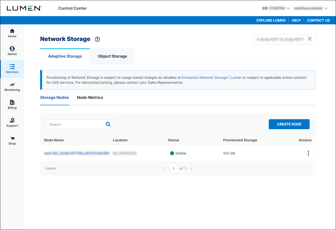 Network Storage (showing Adaptive Storage tab and Storage Nodes subtab)