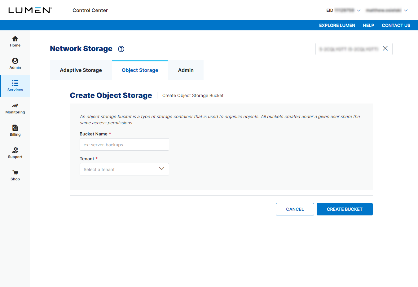 Object Storage (showing Create Bucket)