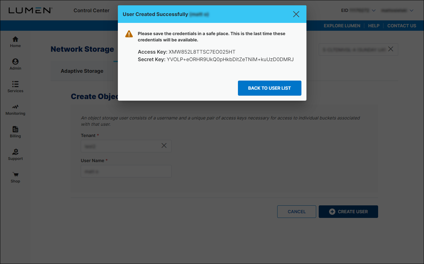 Object Storage (showing Create User success message)