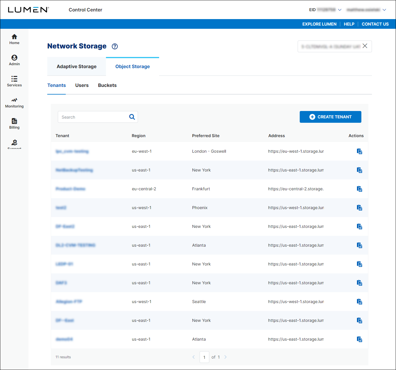 Object Storage (showing Tenants subtab)