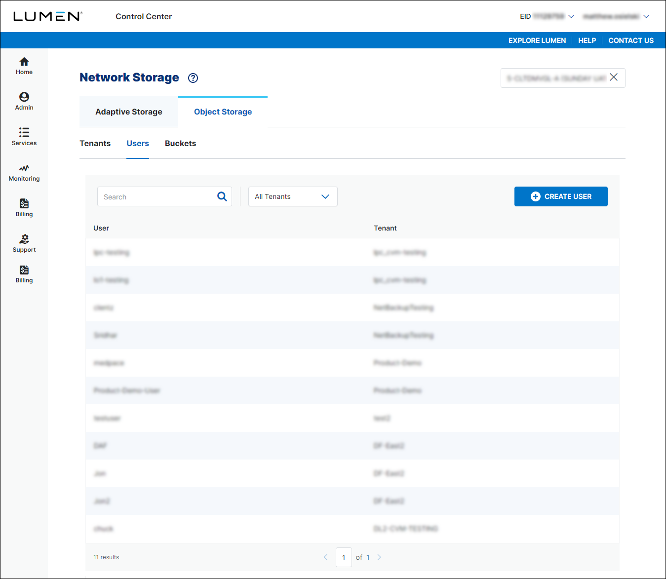 Object Storage (showing Users subtab)