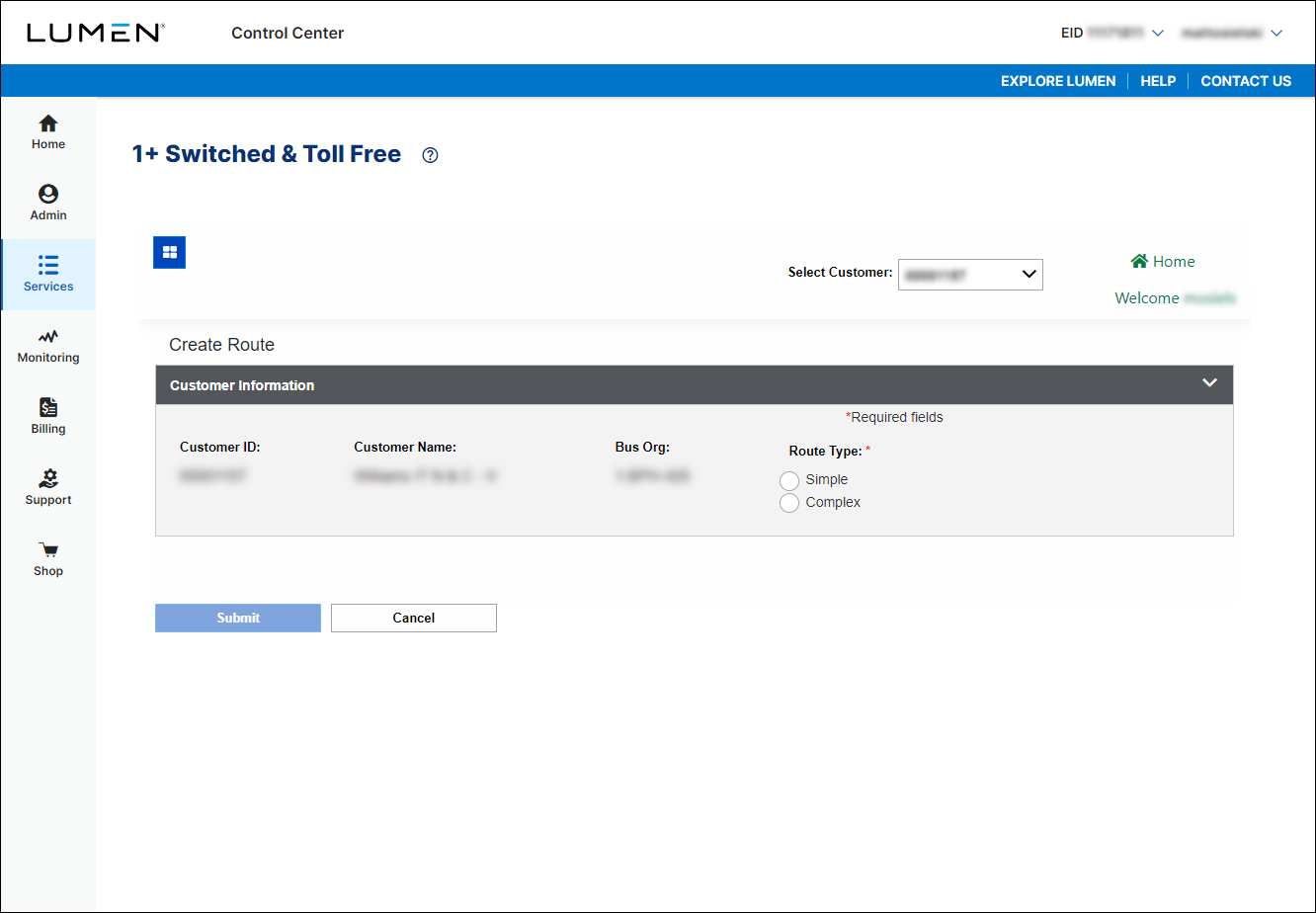 1+ Switched and Toll Free (Create Route)