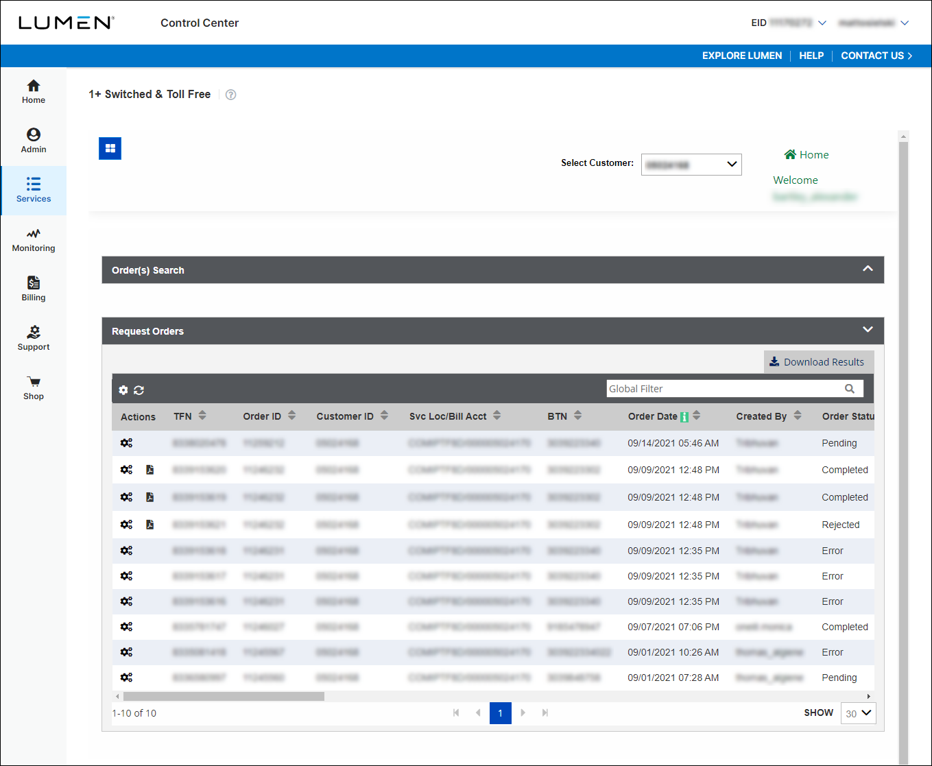 1+ Switched and Toll Free (Order Search showing results)