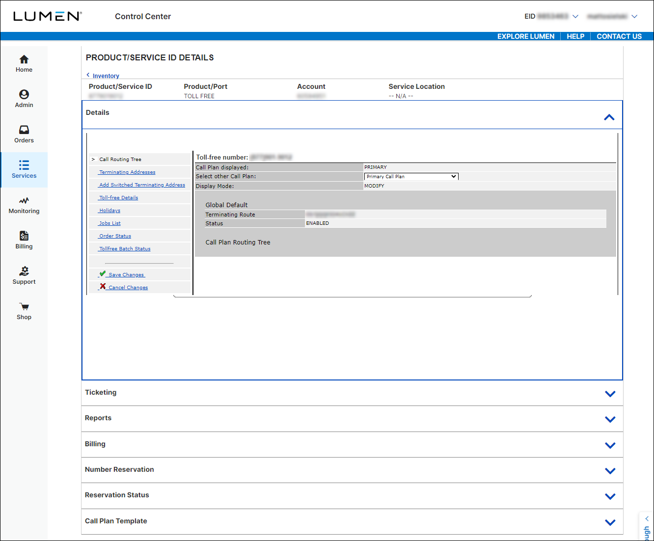  8XX Modify Call Plan tool > Modify mode > saved