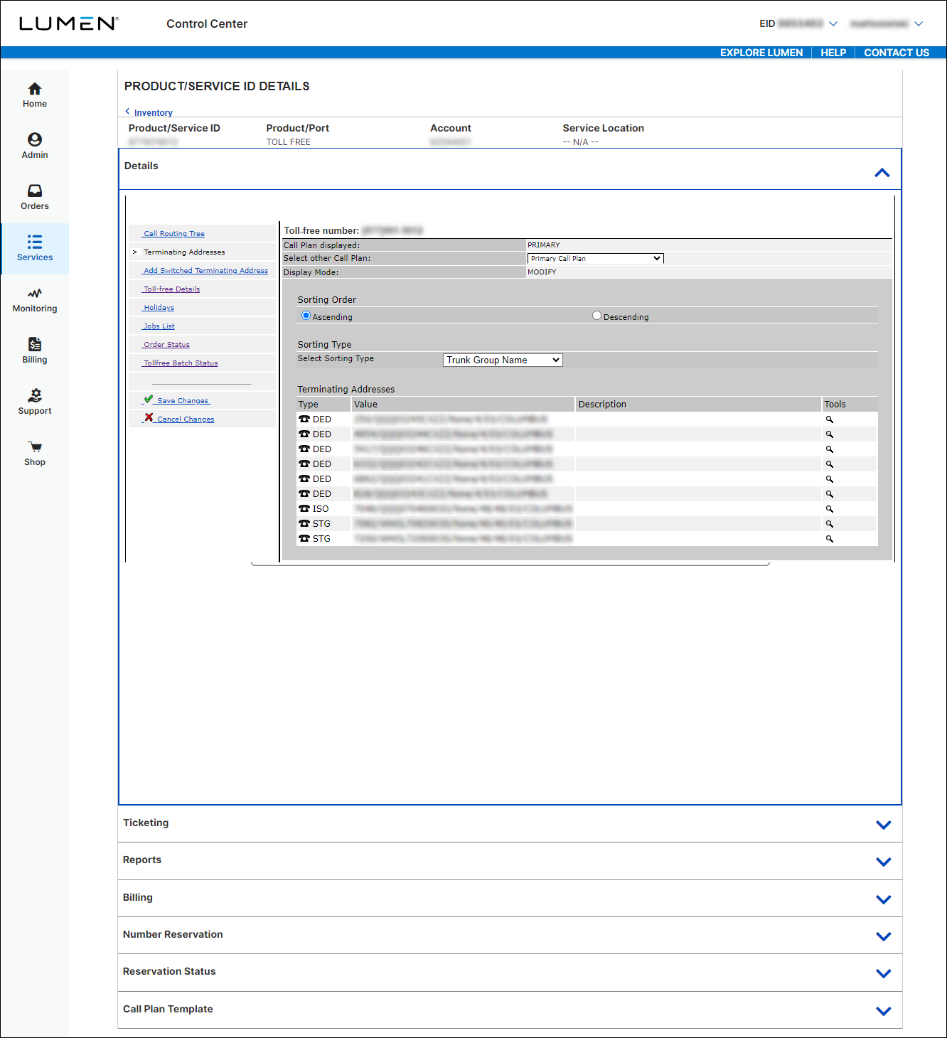  8XX Modify Call Plan tool > Modify mode > Terminating Addresses (dedicated trunk groups)