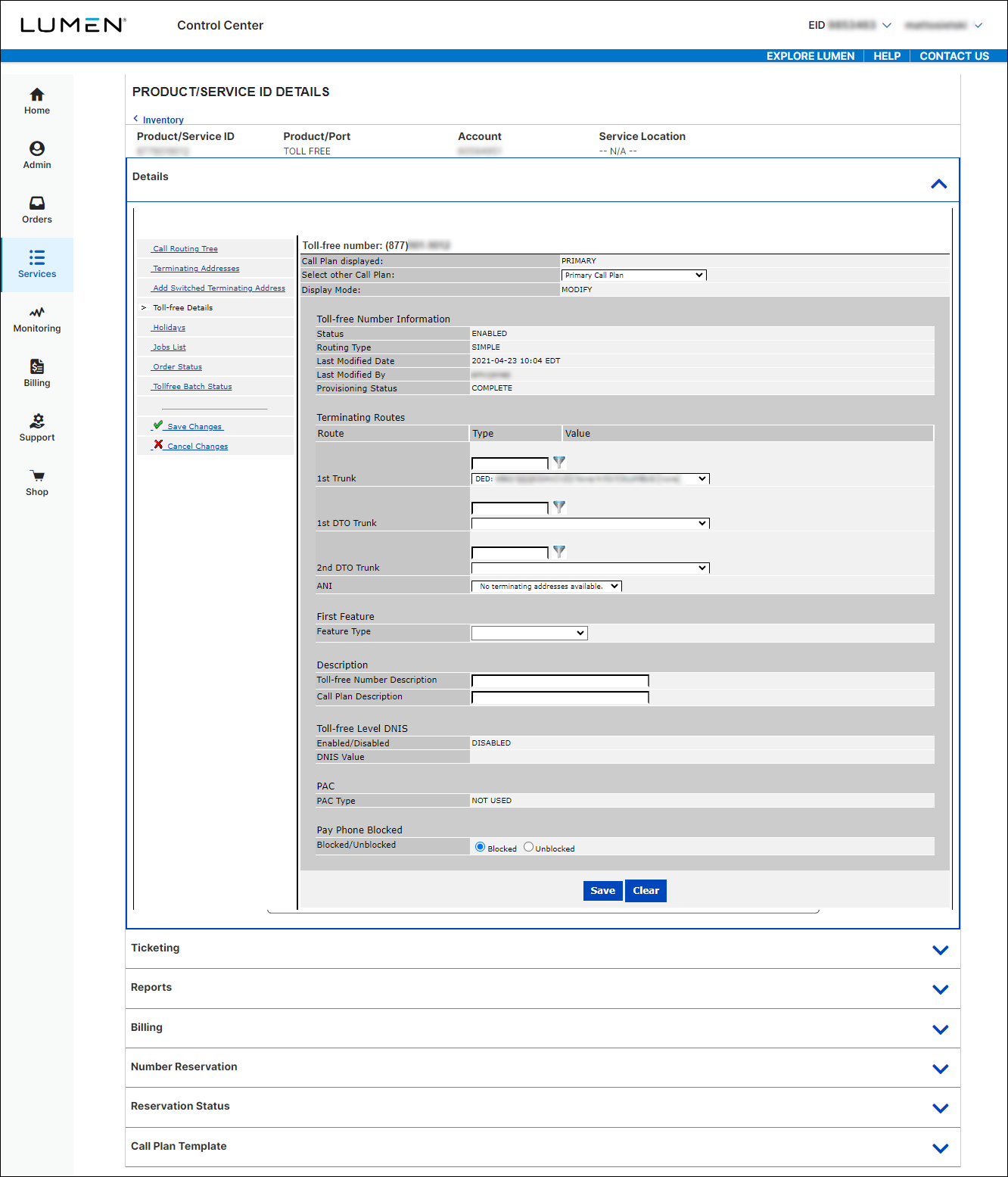 Product/Service ID Details (showing Toll Free Details)