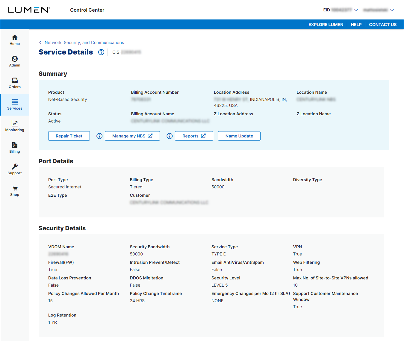 Service Details (showing Network-based Security service detail)