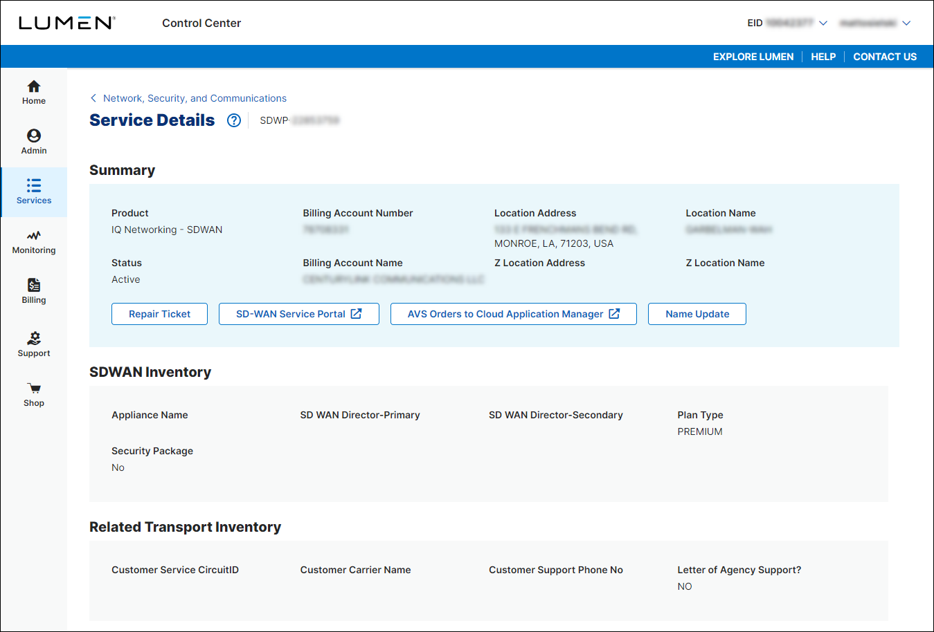 Service Details (showing Lumen SD-WAN with Versa Networks service detail)