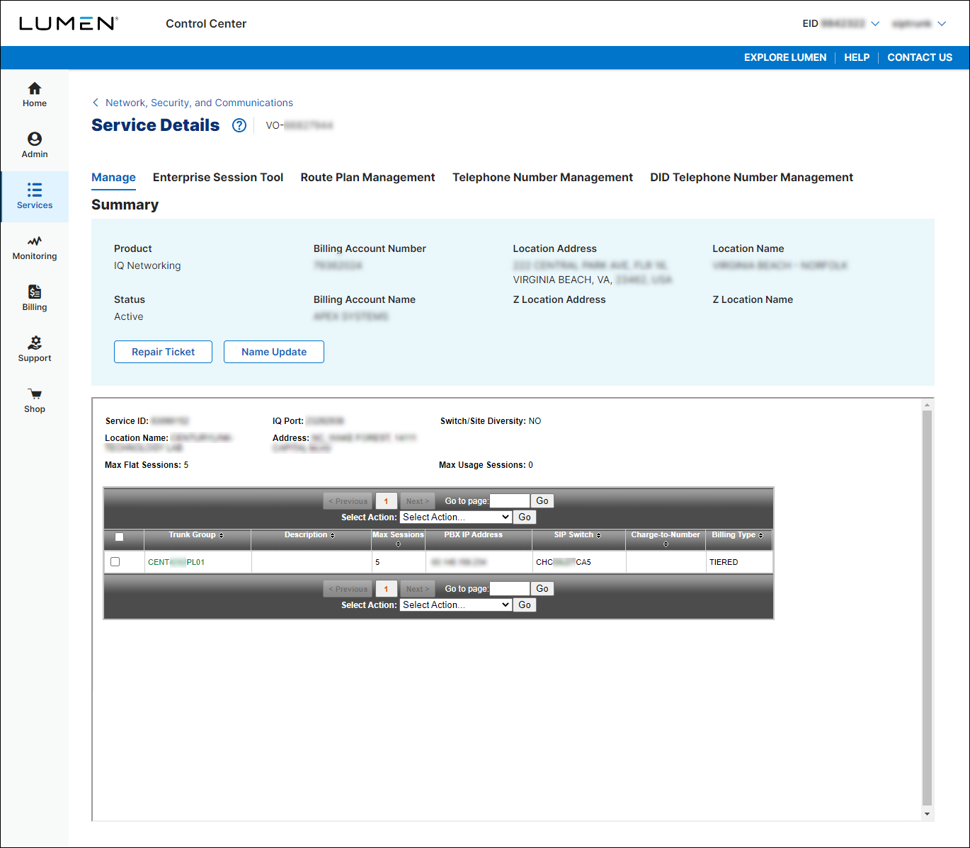 Service Details (showing SIP trunk service detail)