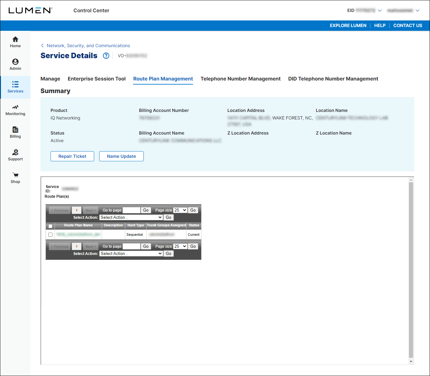 SIP Trunking service details (showing Route Plan Management tab)