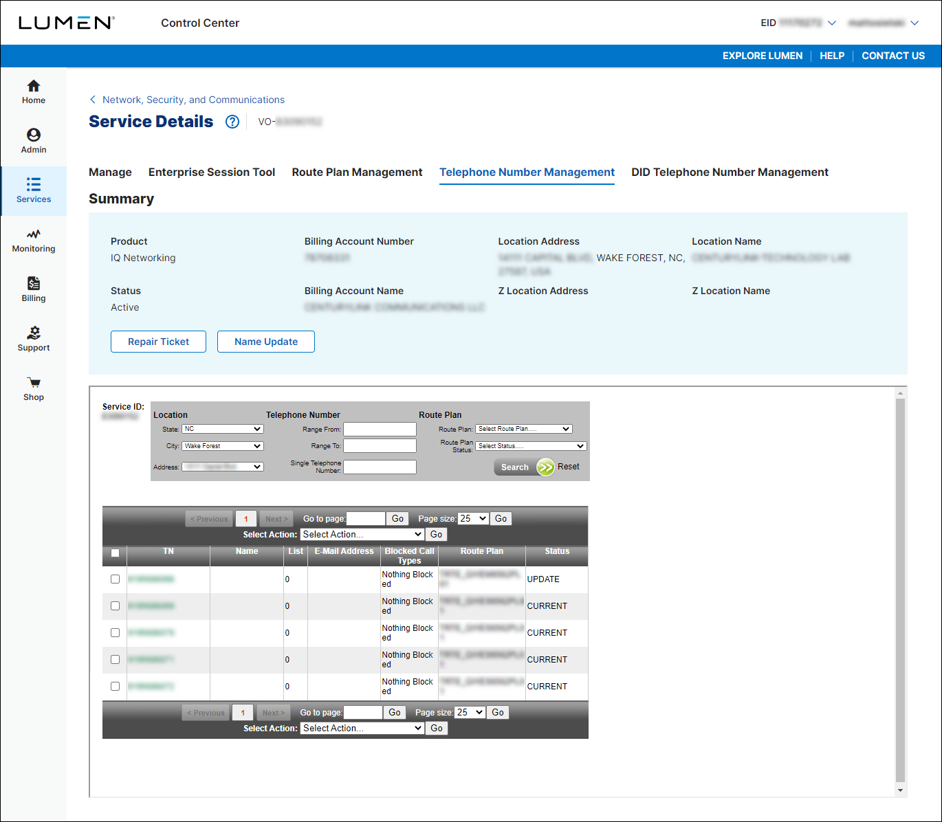 SIP Trunking service details (showing Telephone Number Management tab)