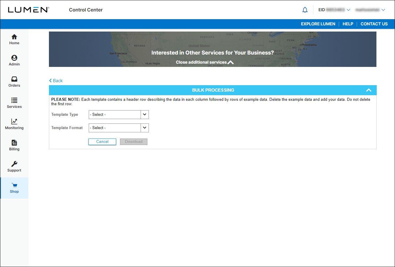 Explore Products (showing Bulk Processing with Download Templates)