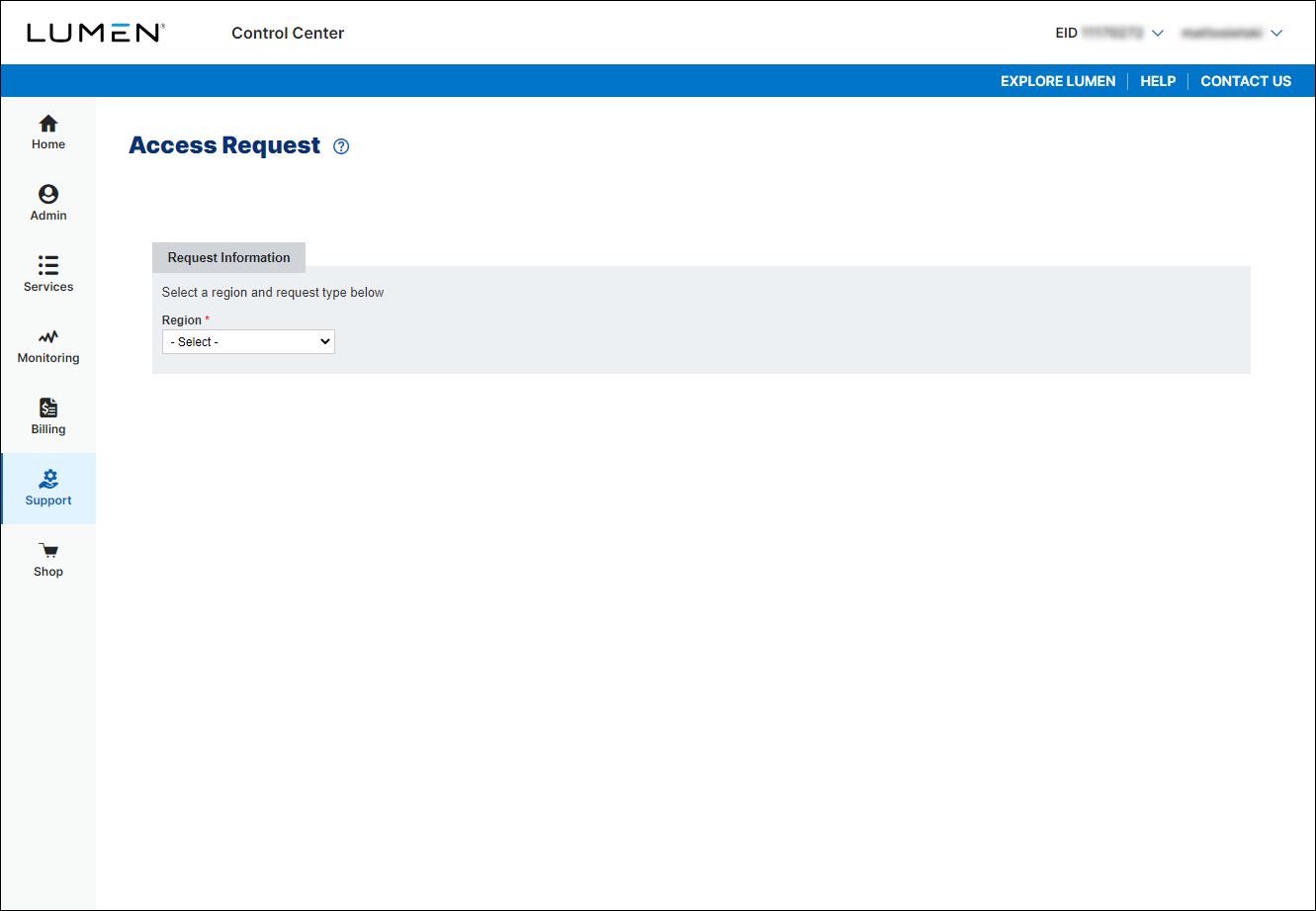 Colocation request; access request, select region and request type