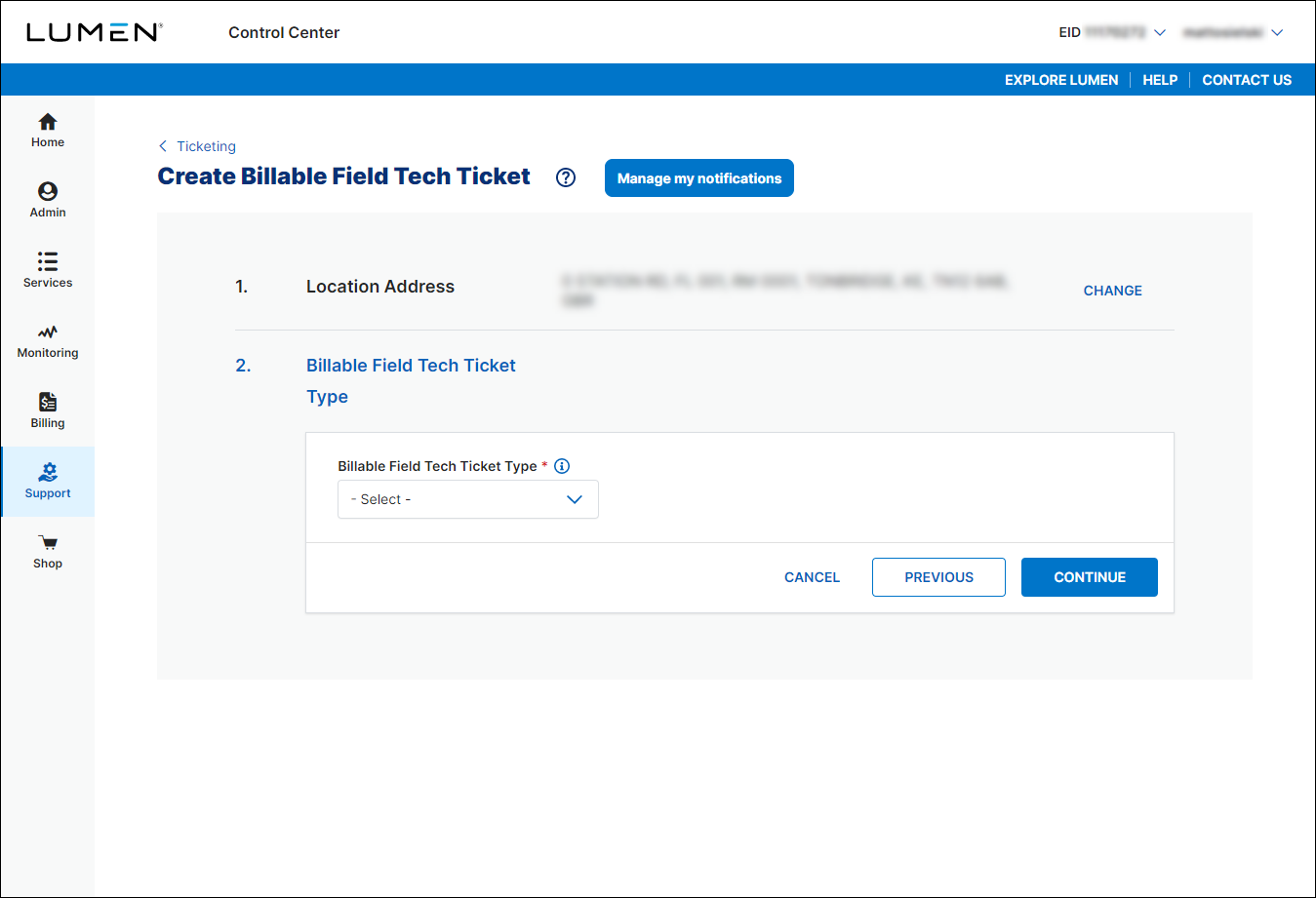 Create Billable Field Tech Ticket (showing Billable Field Tech Ticket Type section)