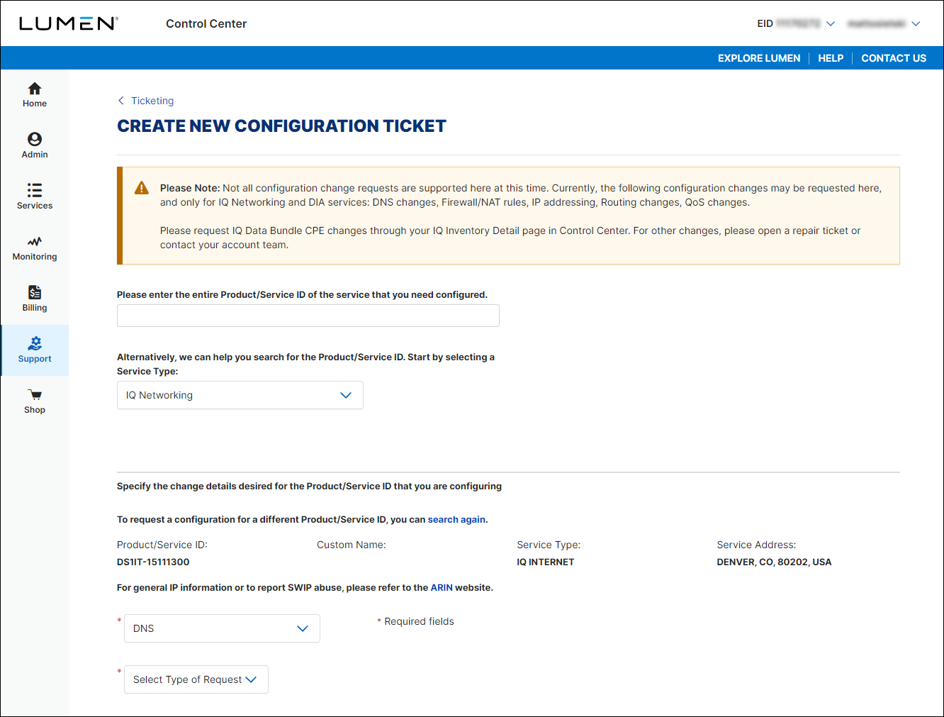 Create New Configuration Request (with DNS selected)