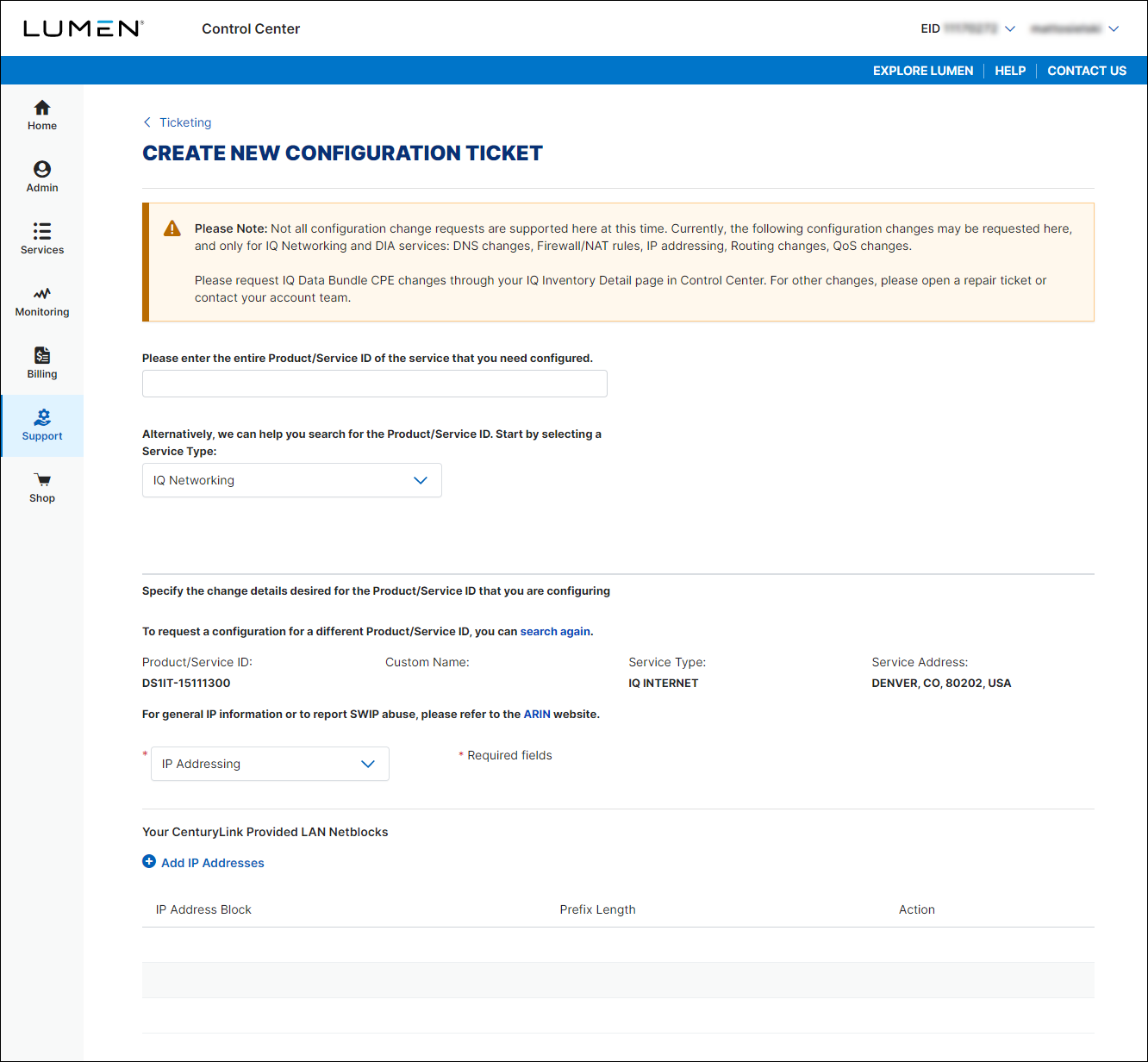 Create New Configuration Request (with IP Addressing selected)