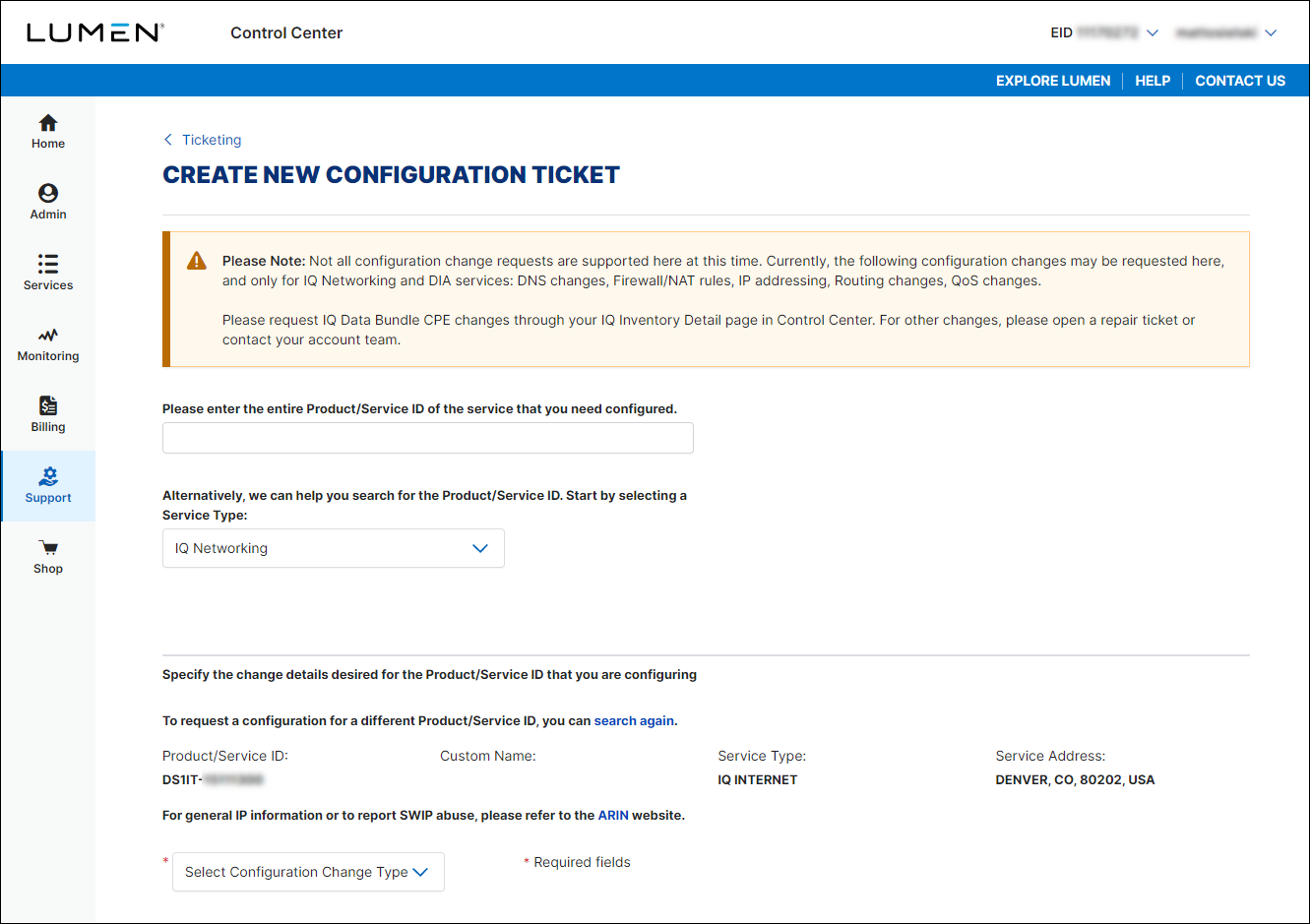 Create New Configuration Request (after selecting product ID)