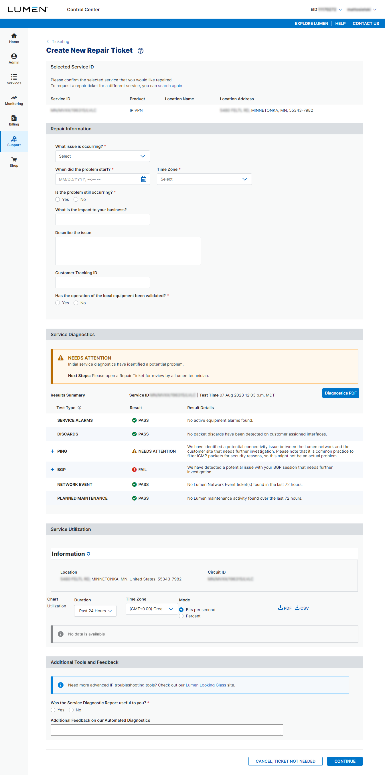 Create New Repair Ticket (showing diagnostic testing)