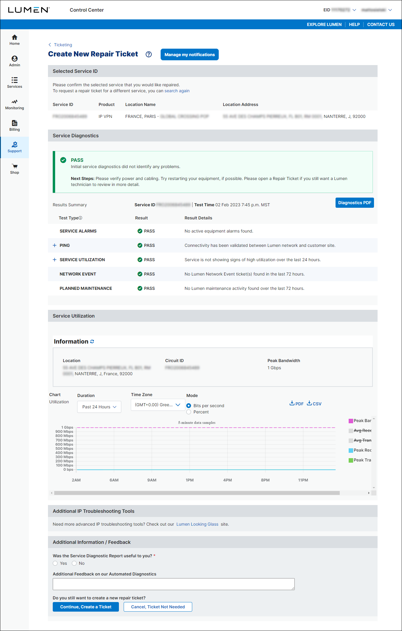 Create New Repair Ticket (showing diagnostic testing pass)