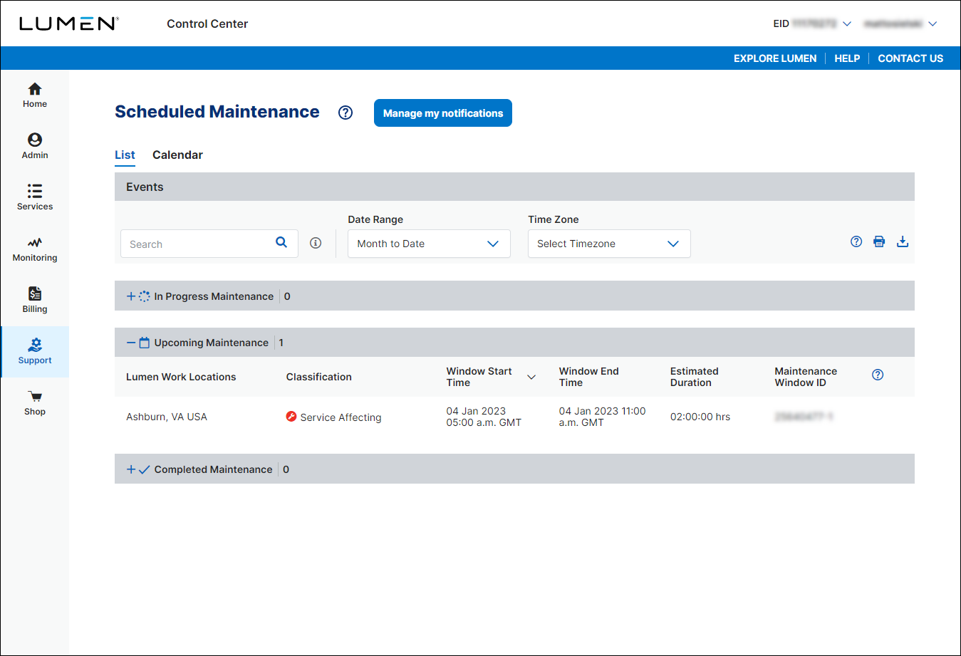 Scheduled Maintenance (showing list view)