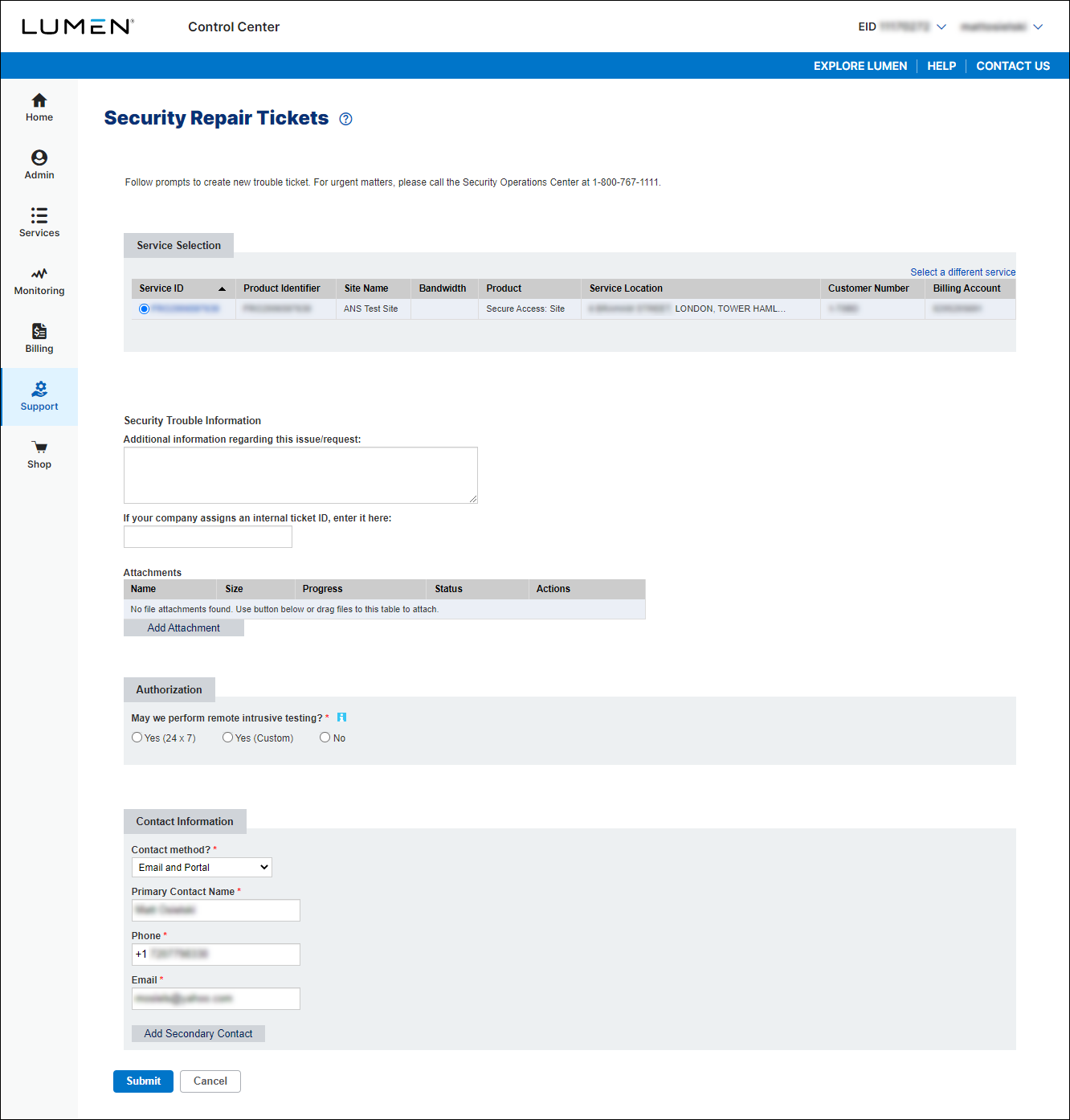 Security Trouble Tickets (with service ID selected)