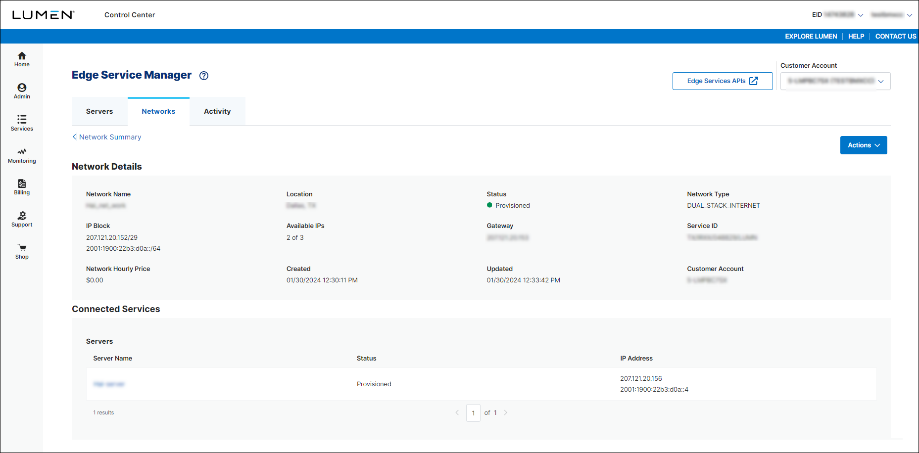 Edge Service Manager network detail view