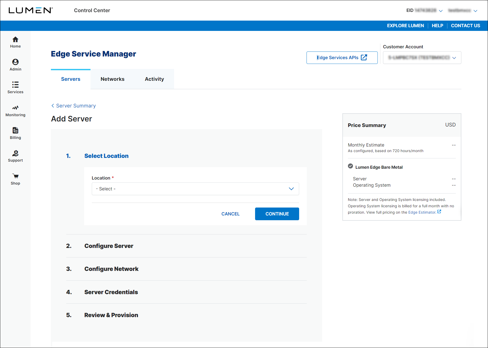 Edge Service Manager add server select location view