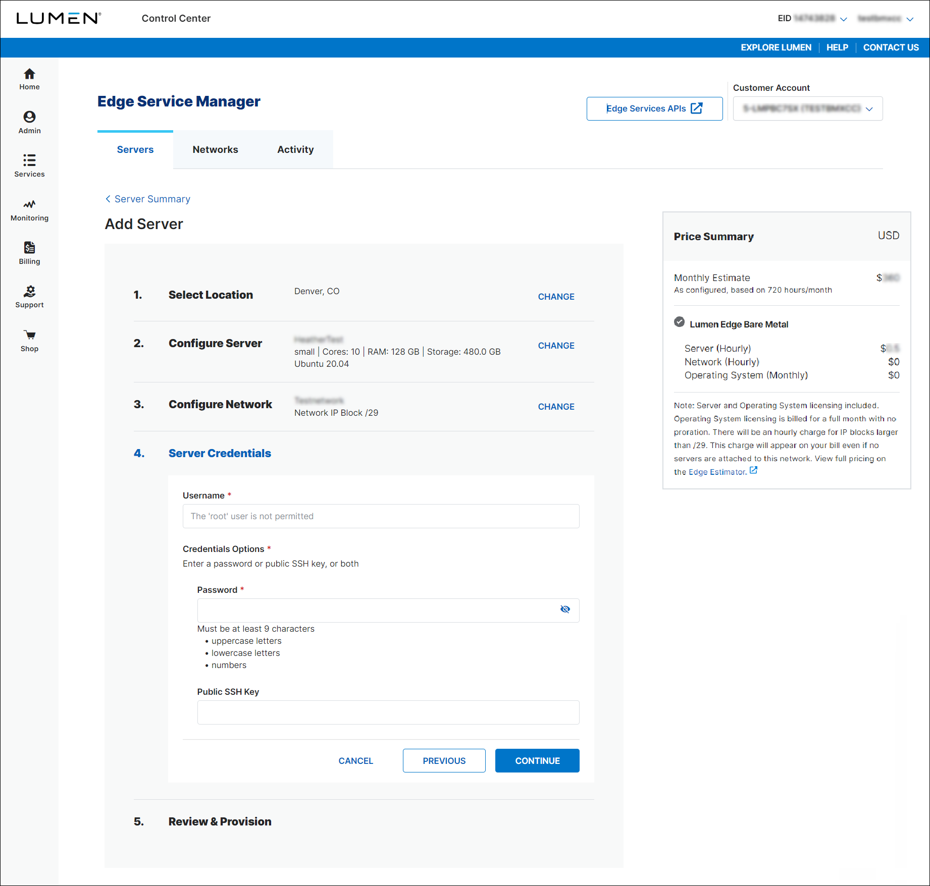 Edge Service Manager add server server credentials view