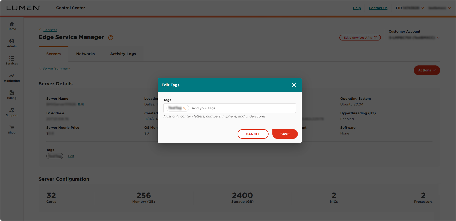 Edge Service Manager edit tags window