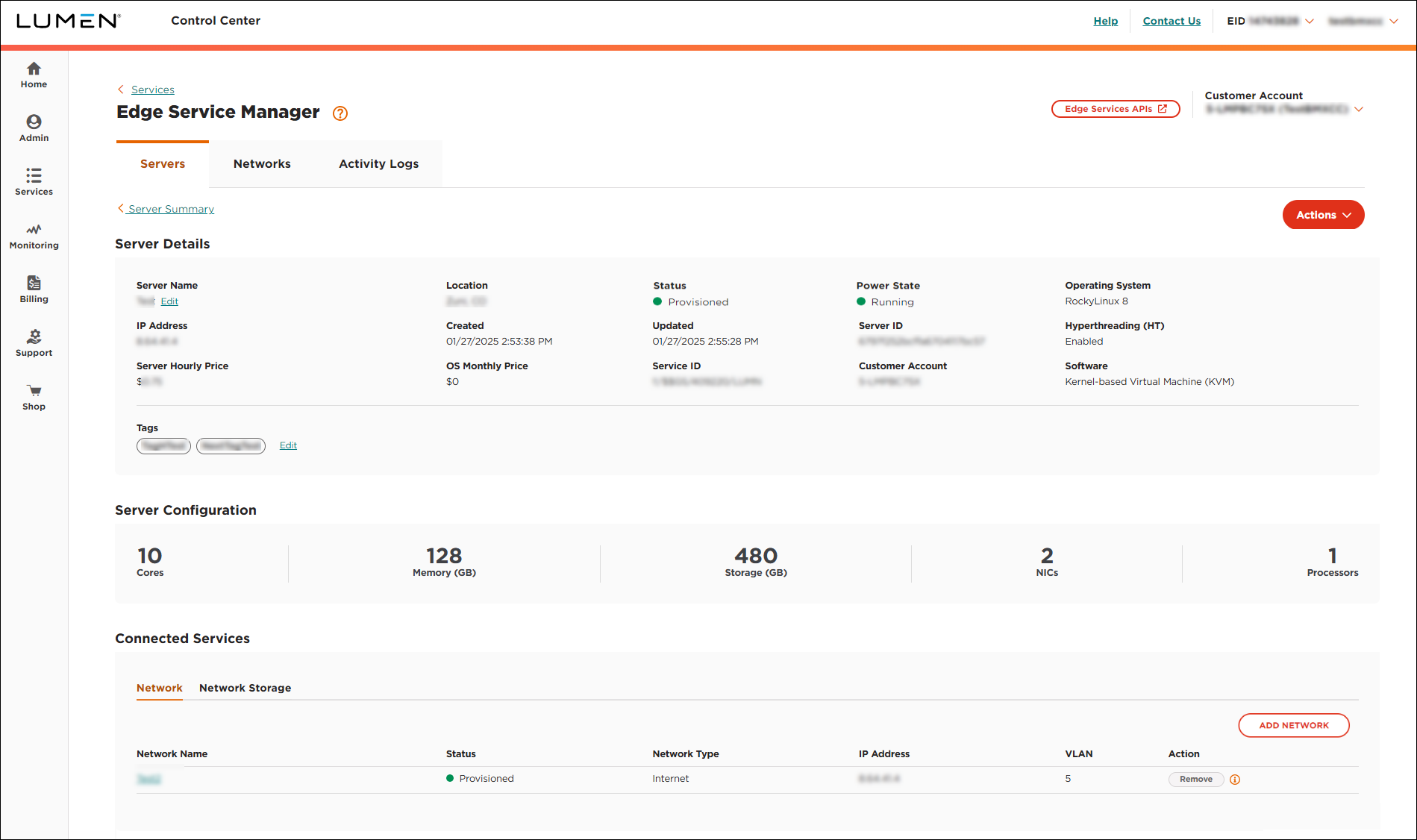 Edge Service Manager server detail view