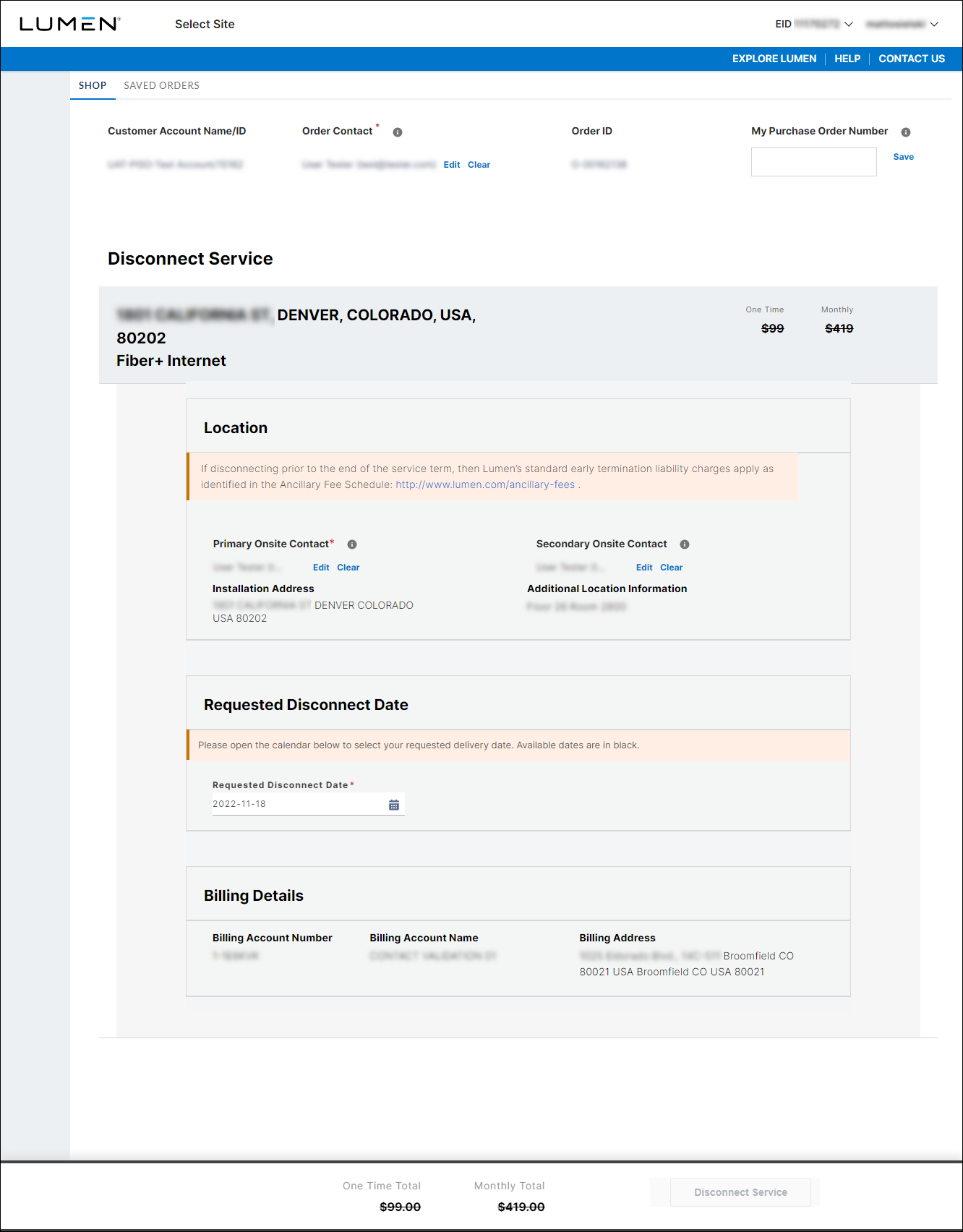 Disconnect Service (showing Fiber+ Internet)