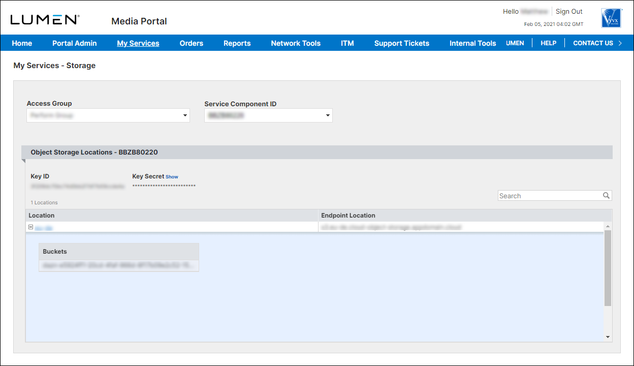 My Services - Storage (showing Object Storage location details)