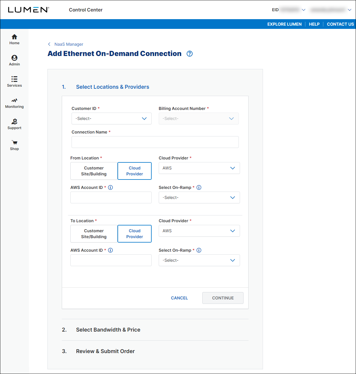 NaaS Ethernet On-Demand connection between two AWS locations