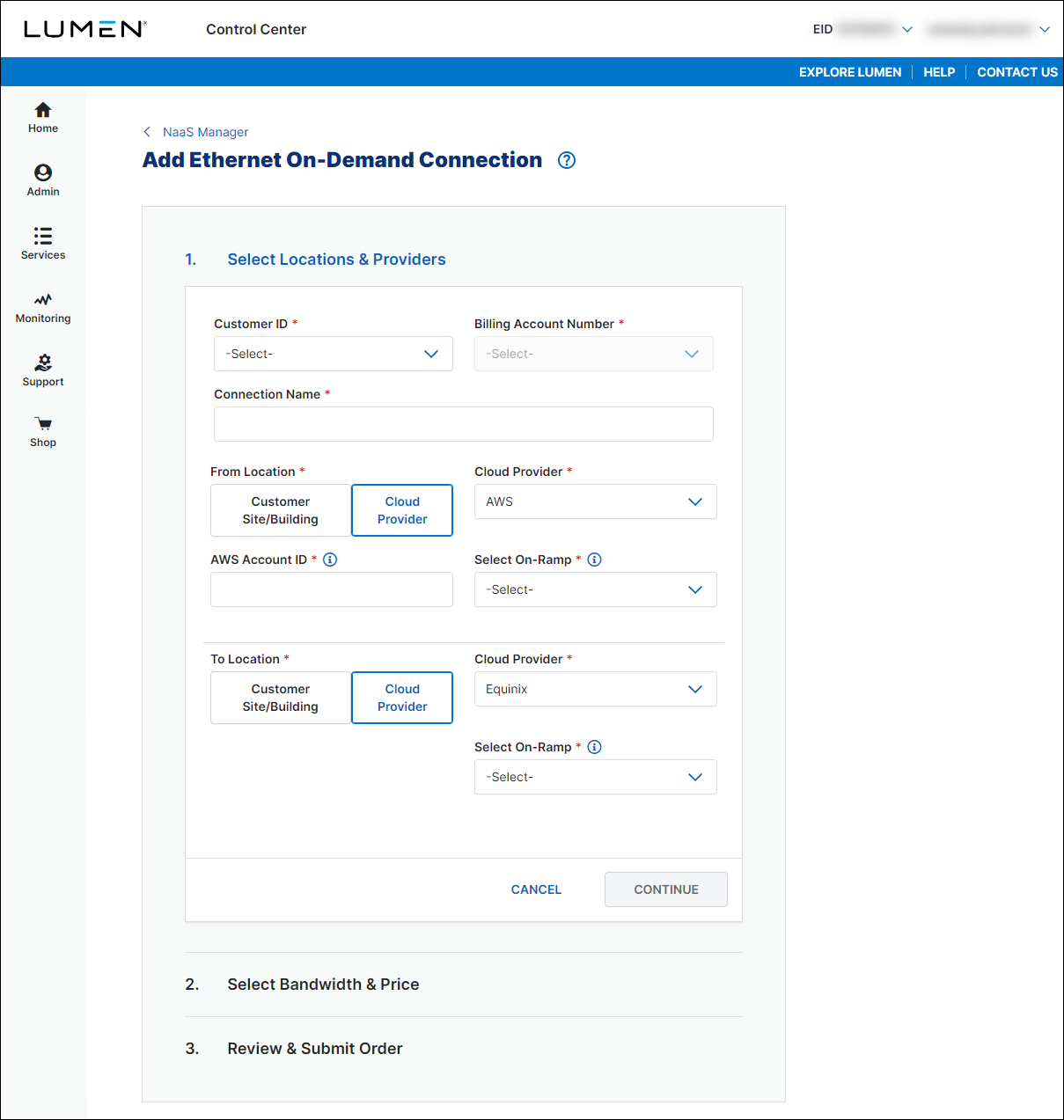 NaaS Ethernet On-Demand connection between AWS and Equinix