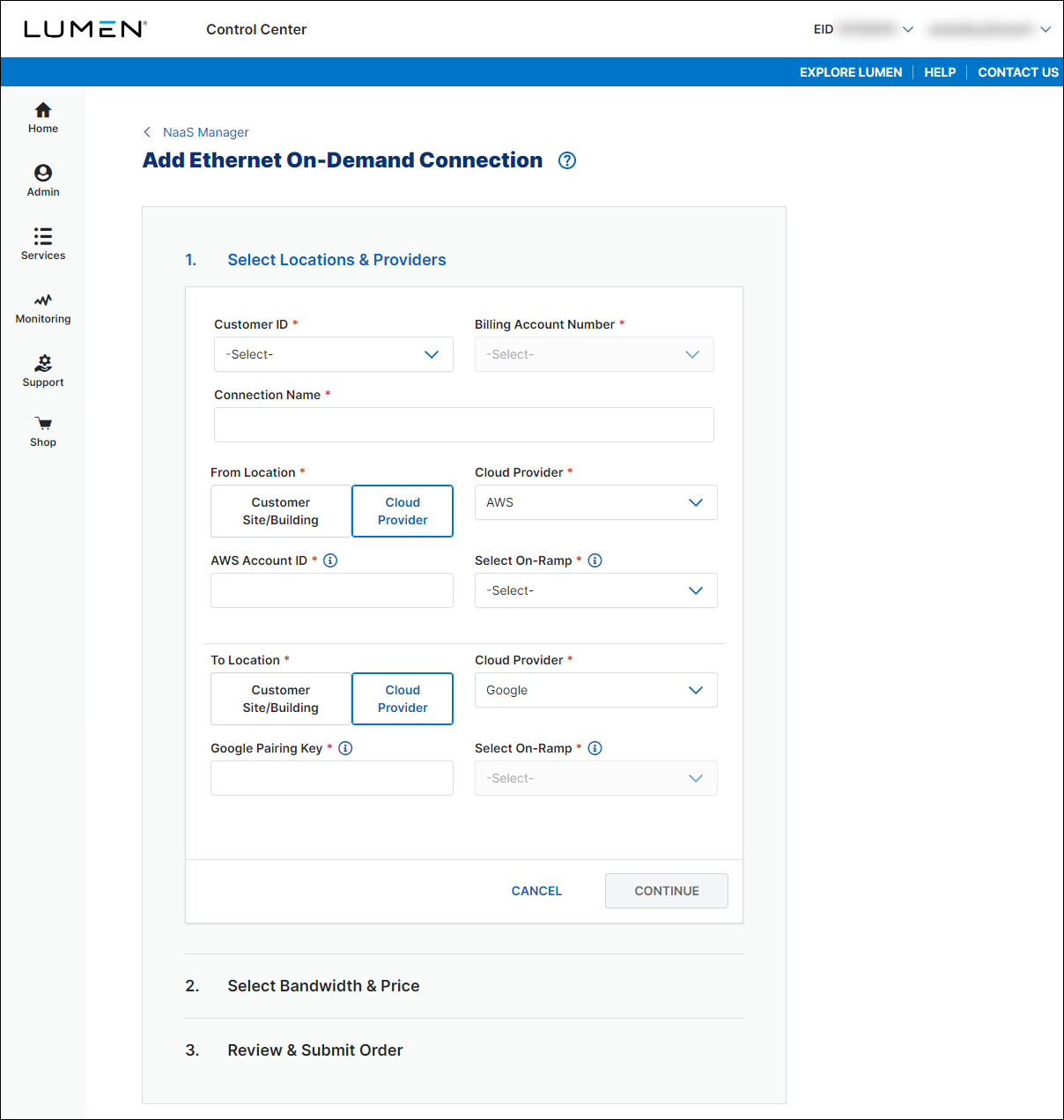 NaaS Ethernet On-Demand connection between AWS and Google