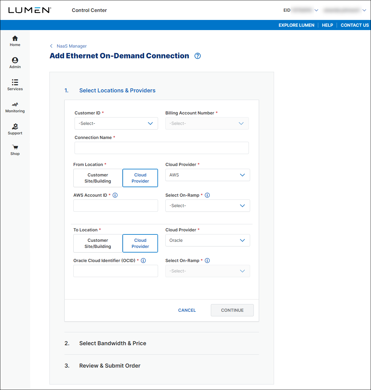 NaaS Ethernet On-Demand connection between AWS and Oracle