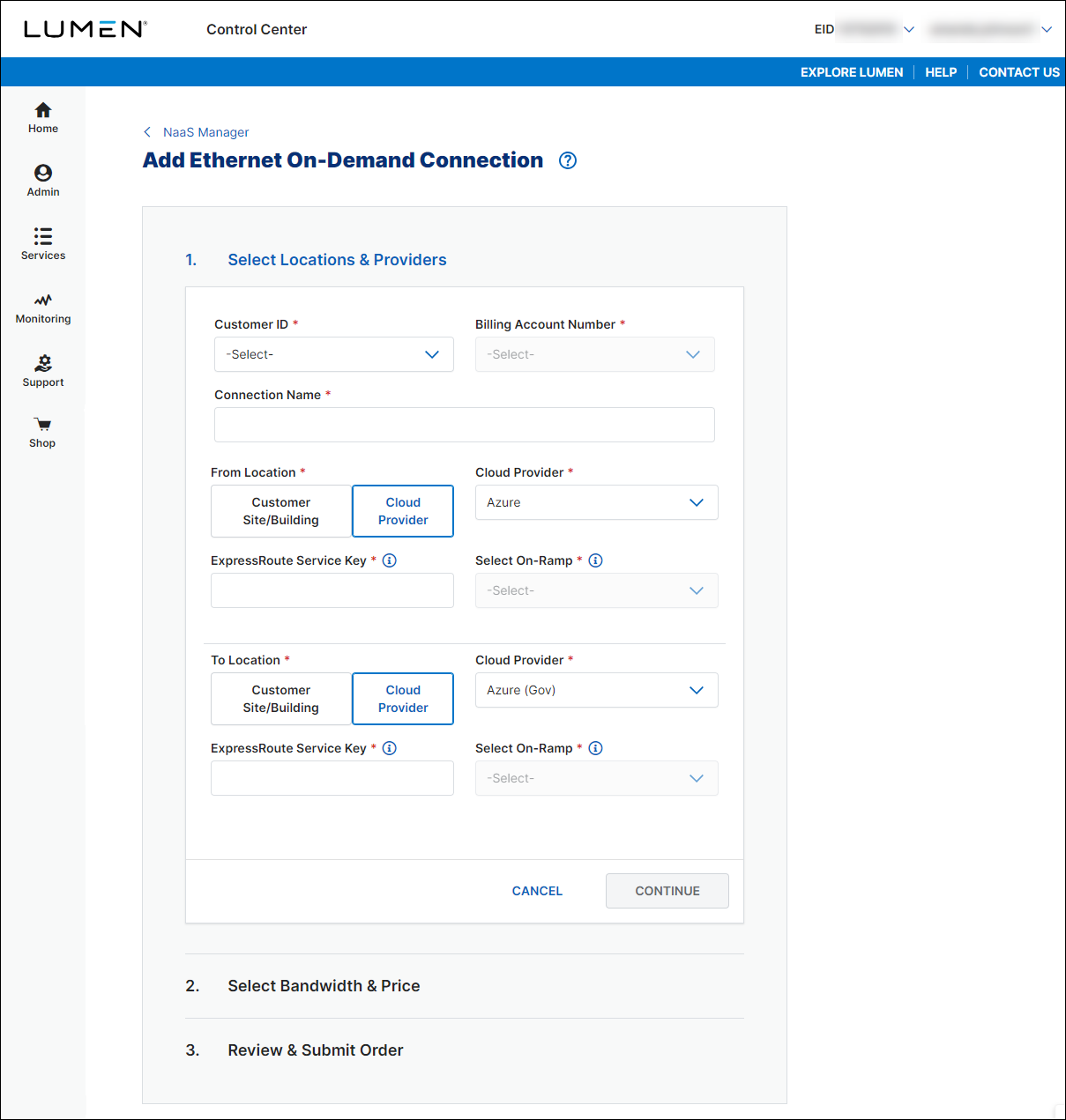 NaaS Ethernet On-Demand connection between Azure and Azure Gov