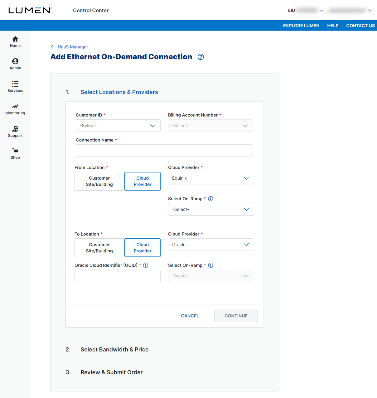 NaaS Ethernet On-Demand connection between Equinix and Oracle