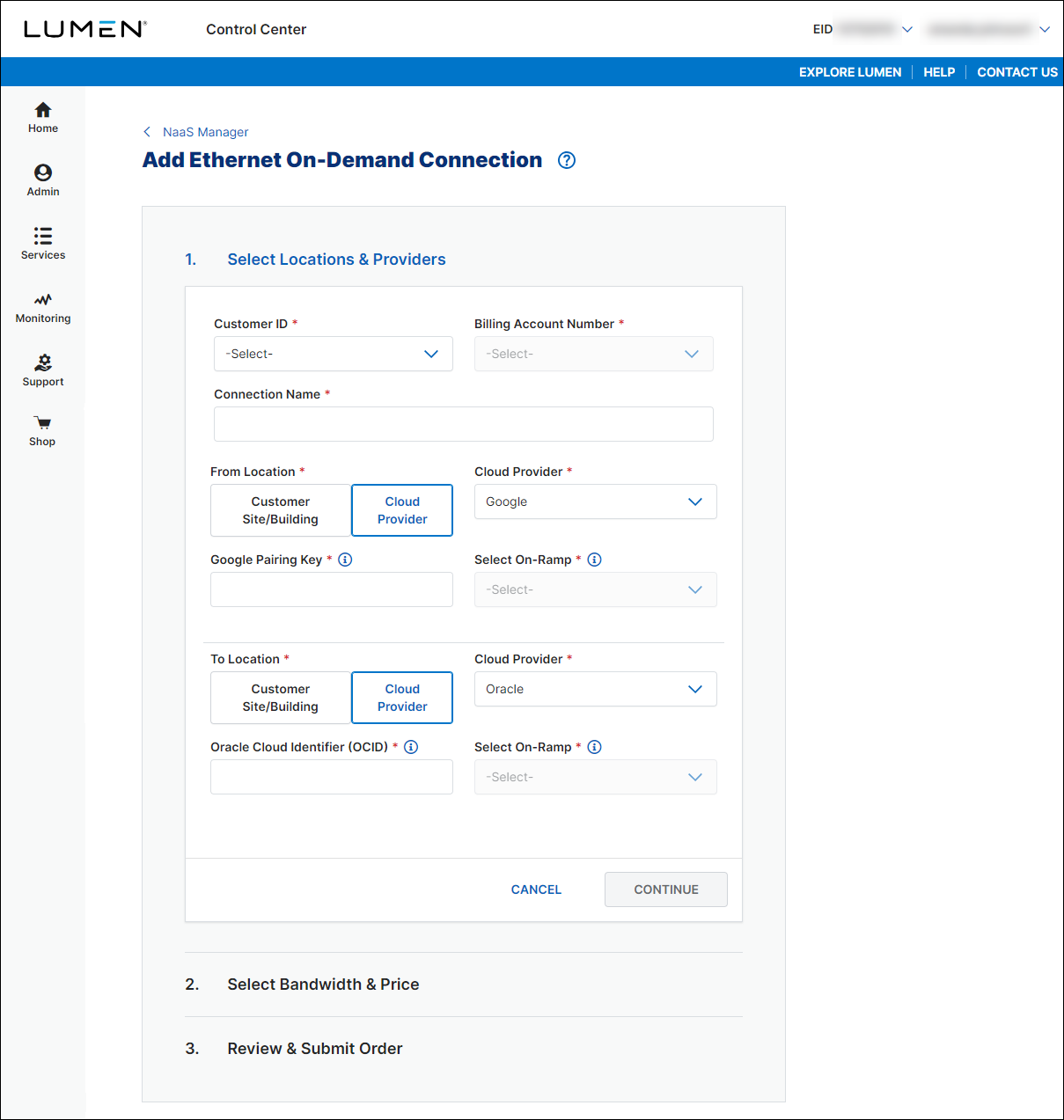 NaaS Ethernet On-Demand connection between Google and Oracle