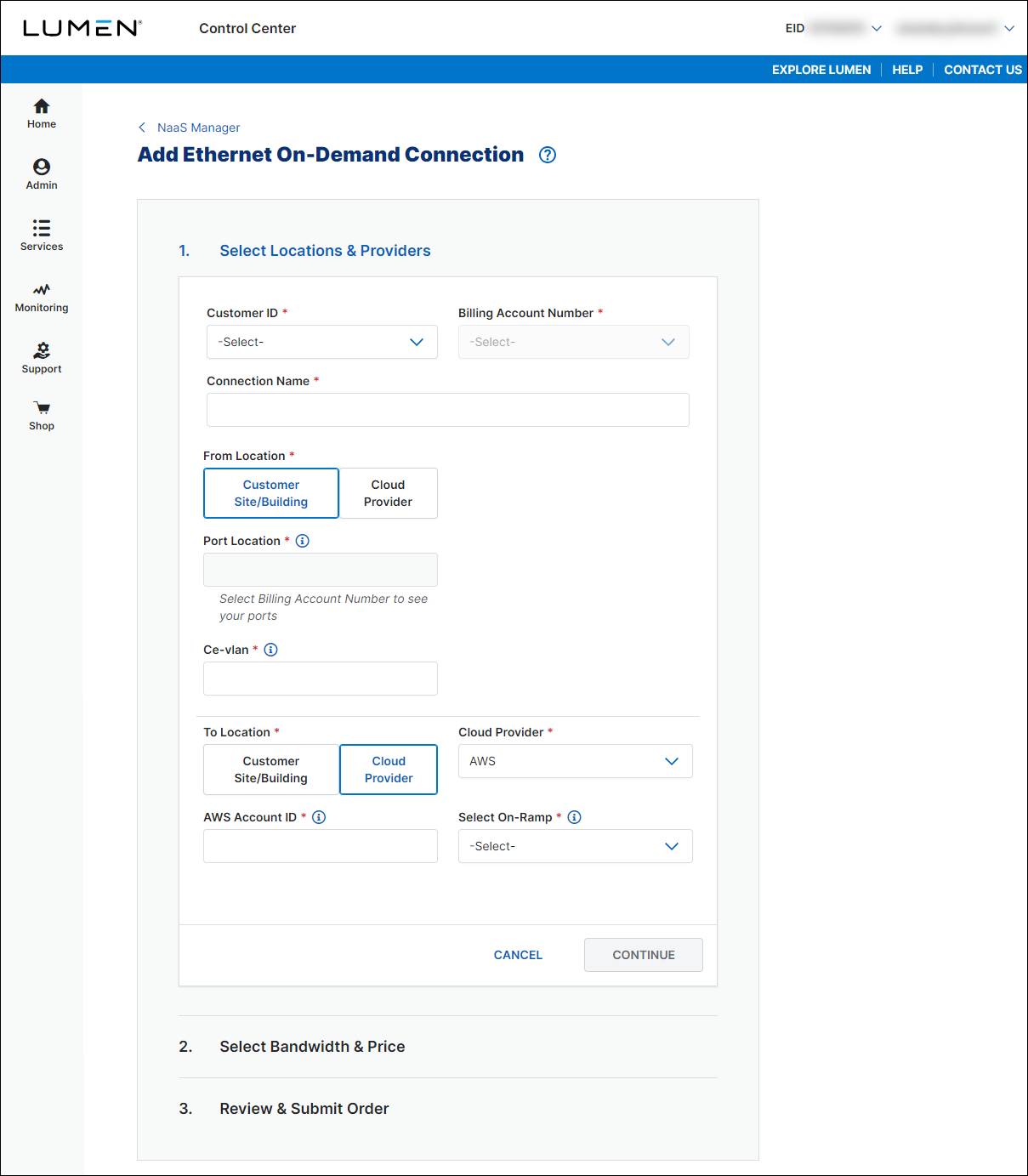 NaaS Ethernet On-Demand connection from your location to AWS