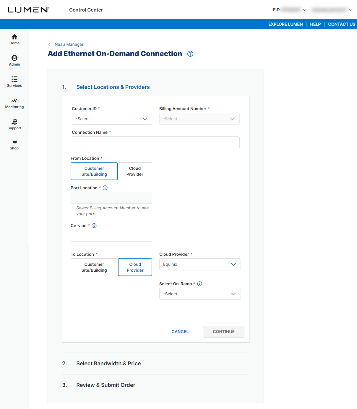 NaaS Ethernet On-Demand connection from your location to Equinix